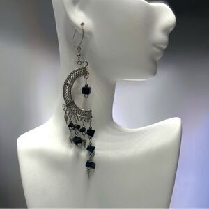 💄Black Agate💄Vintage Handcrafted Gemstone Chandelier Earrings l 925 hook EUC